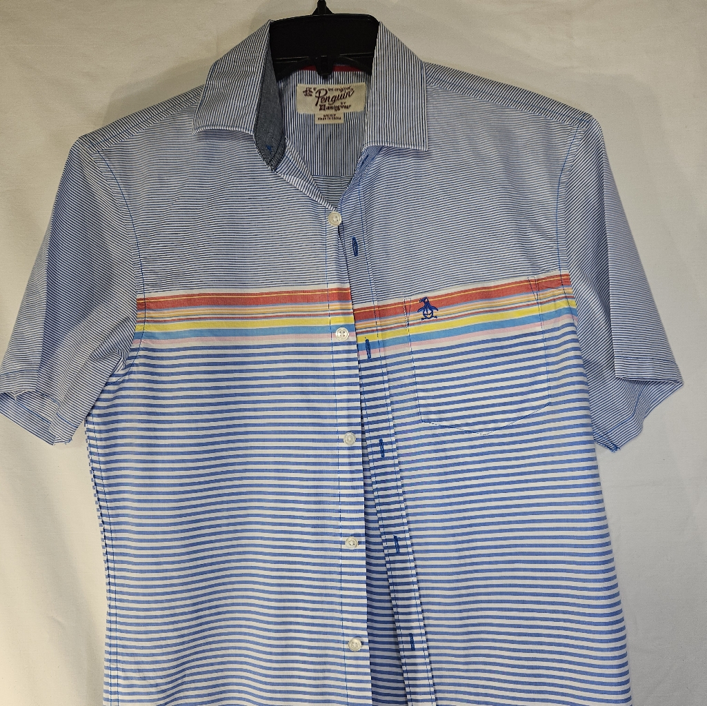 Mens Penguin Brand Blue Striped Short Sleeve Shirt Size SChP